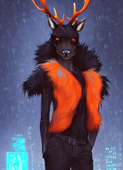 Image similar to award winning beautiful portrait commission of a male furry anthro Black Reindeer fursona with a tail, wings and a cute beautiful attractive detailed furry face wearing stylish black and orange cyberpunk clothes in a cyberpunk city at night while it rains. Character design by charlie bowater, ross tran, artgerm, and makoto shinkai, detailed, inked, western comic book art