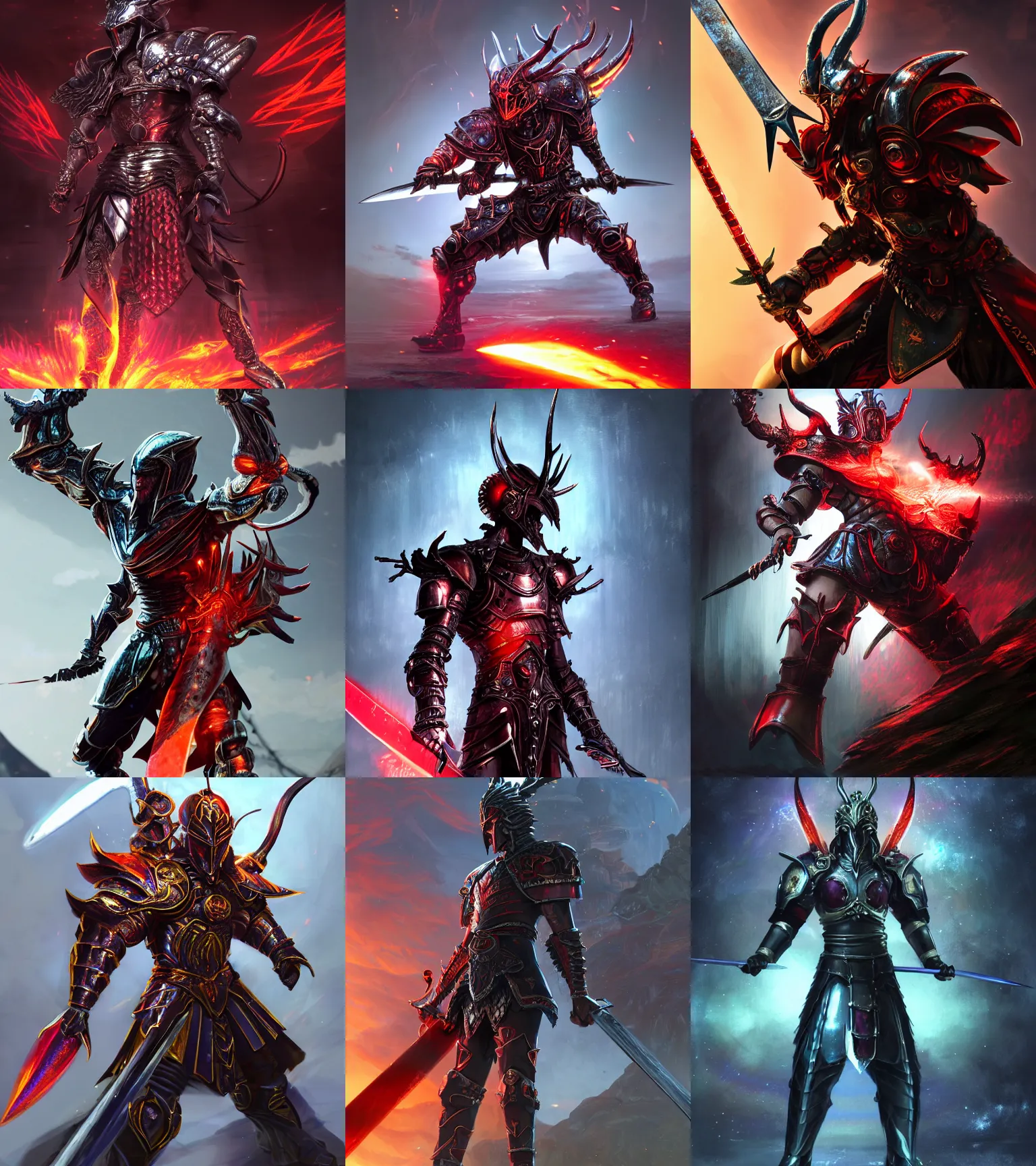 Prompt: legendary warrior king, body of red thick iridescent metal scales, ominous, cybernetic genius, powerful god, battle stance, action pose, brandishing sword, 3 d unreal concept artwork, obsidian gothic sharp antlers helmet, gritty, matte, fire, intricate, rich iridescent specular colors, makoto shinkai, greg rutkowski, colorful, hd