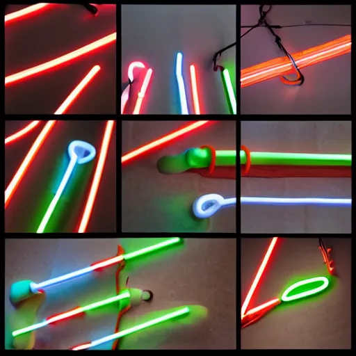 Image similar to an extremely high quality photo of a surreal neon-lightsaber-sandwich, the polymer clay neon tube ((sandwich)) creation, a hybrid mixture of sandwichlightsaberneons and lightsaber neon sign fillings, neon tubes drizzled on top, lightsaber filling, promotional photo, 4k polymer clay food photography