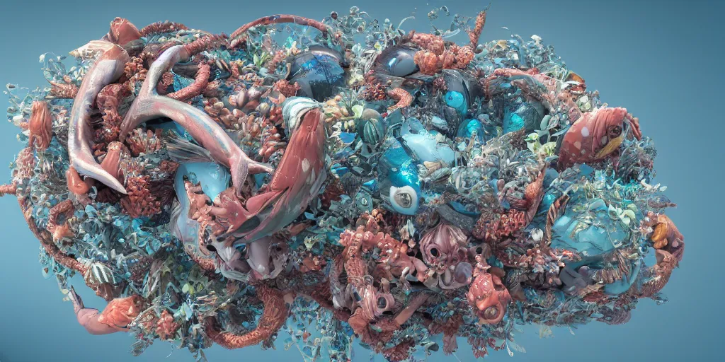 Image similar to a sculpture of ocean fish intertwined, a lovely cornucopia of flowers and human body parts, body parts, highly detailed, octane render, cinematic ， - h 7 6 8