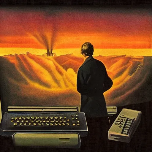 Image similar to a man watching the end of the world on a vintage computer