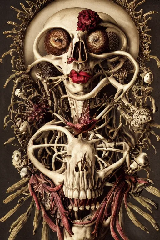 Image similar to Detailed maximalist portrait with large lips and with large white eyes, exasperated expression, extra fleshing limbs, botany bones, HD mixed media, 3D collage, highly detailed and intricate, surreal illustration in the style of Caravaggio, dark art, baroque