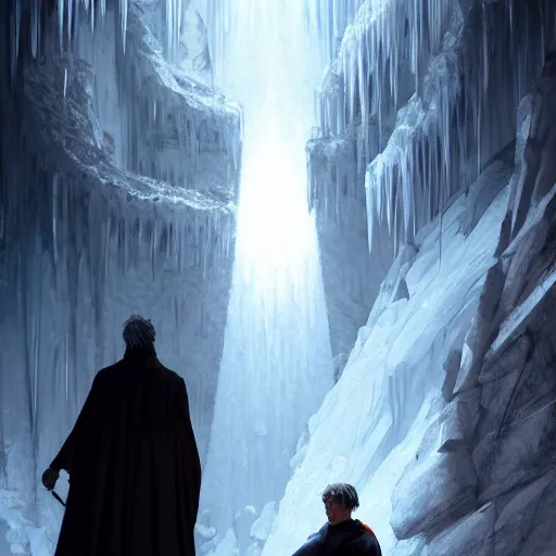 Prompt: dante alighieri and the poet virgil looking at the devil who is frozen in ice in a cavern 4 k, concept art, by wlop, ilya kuvshinov, artgerm, krenz cushart, greg rutkowski, pixiv. cinematic dramatic atmosphere, sharp focus, volumetric lighting, cinematic lighting, studio quality