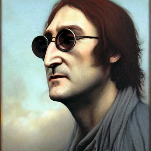 Prompt: john lennon in the mist by Gerald Brom, masterpiece portrait