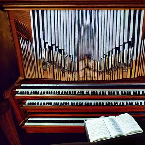 Prompt: johan sebastian bach hyper realism playing organ in the end of the world