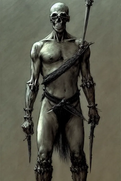 Image similar to character concept art, full view. a large grayskinned covered in scars muscular calm man with black shorn hair. calm face. partially dressed in armor made entirely of bones, long loincloth, thick belt, kneepads. extremely high details, solo, realistic, masterpiece, art by beksinski, arthur rackham, dariusz zawadzki