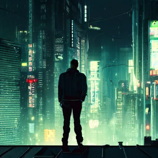 Prompt: shot of the man standing on the roof, looks at impressive cyberpunk city at night during great storm, nightscape, futuristic architecture, realistic photo, neons, blade runner, akira style, cinematic lighting, cinematic angles