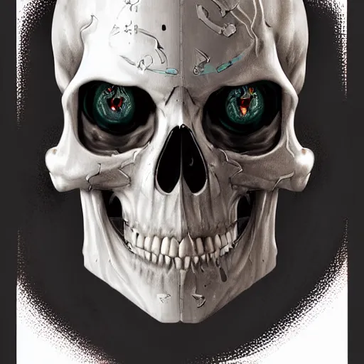 Prompt: cyborg pirate skull in the style of Marc Simonetti