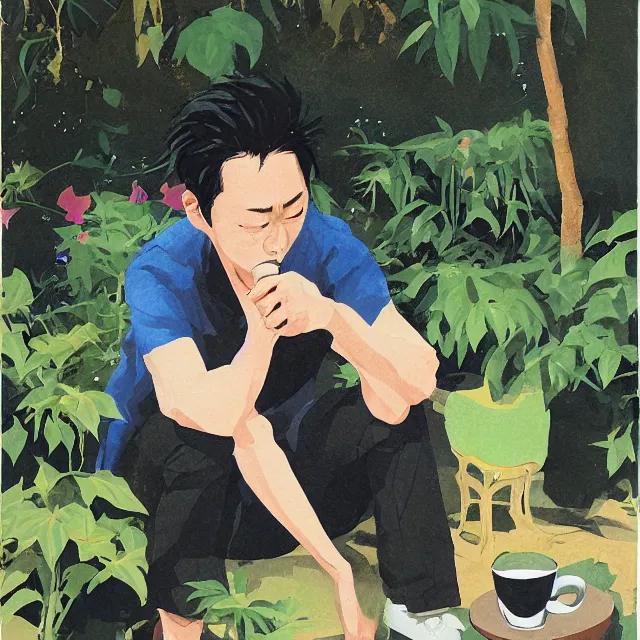 Image similar to ryuichi tanaka drinking coffee in the garden. gouache and gold leaf by the award - winning concept artist