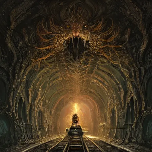 Image similar to squirrel hill tunnel monster, fantasy, intricate, elegant, highly detailed, digital painting, artstation, concept art, smooth, sharp focus, illustration, art by greg rutkowski, art by seb mckinnon, art by justin gerard