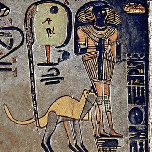 Image similar to egyptian hieroglyphics depicting a cat being abducted by a flying saucer