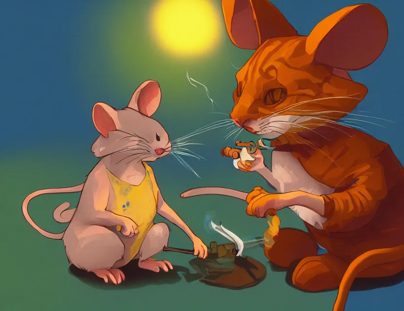 Image similar to adventurer mouse smoking a joint with the cat, cat has big red eyes, tired look. complementary colors, gouache, indie concept art, bloom, chiaroscuro, backlighting, intricate details.