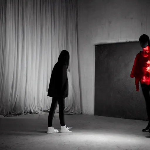 Image similar to a tiny nightclub with a few red chinese lanterns, a couple of modern subculture teenagers standing and talking to each other, wearing black modern clothes, designed by rick owens, hyperrealistic, extremely lifelike attributes & lifelike texture, hyperdetailed, colorful, by gregory crewdson