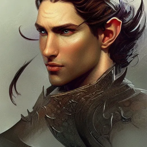 Prompt: up close portrait of a handsome male elf, d & d, face, fantasy, intricate, elegant, highly detailed, digital painting, artstation, concept art, smooth, sharp focus, illustration, art by artgerm and greg rutkowski and alphonse mucha