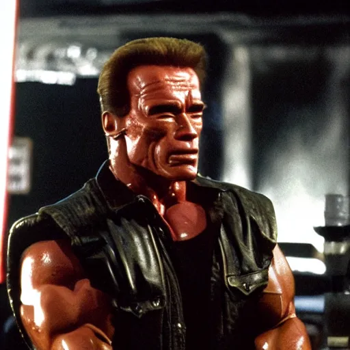 Image similar to the Arnold Schwarzenegger as the Terminator in a bar