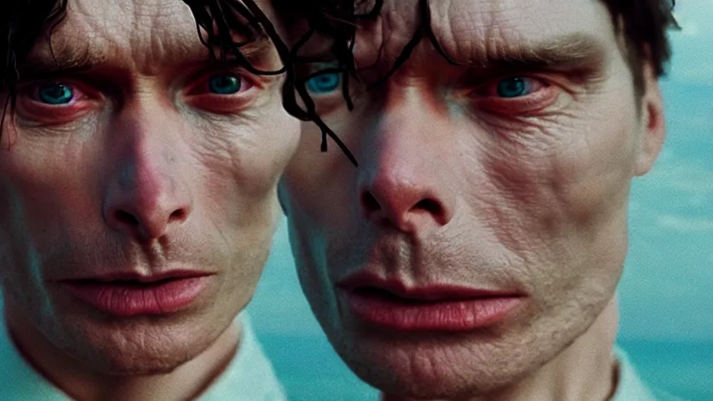 Image similar to close up photo of Cillian Murphy with 3 eyes, coming out of the ocean, extreme detailed face, film still from the movie directed by Denis Villeneuve with art direction by Zdzisław Beksiński, wide lens