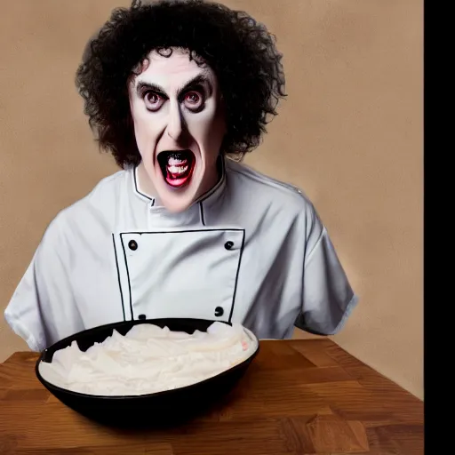 Image similar to a crazed weird al wearing a chef's hat and uniform with half of his lower body inside a bowl of alfredo, realistic, hyperrealistic, ultra realistic, real, real world, highly detailed, very detailed, extremely detailed, intricate details, 8 k resolution, hd quality