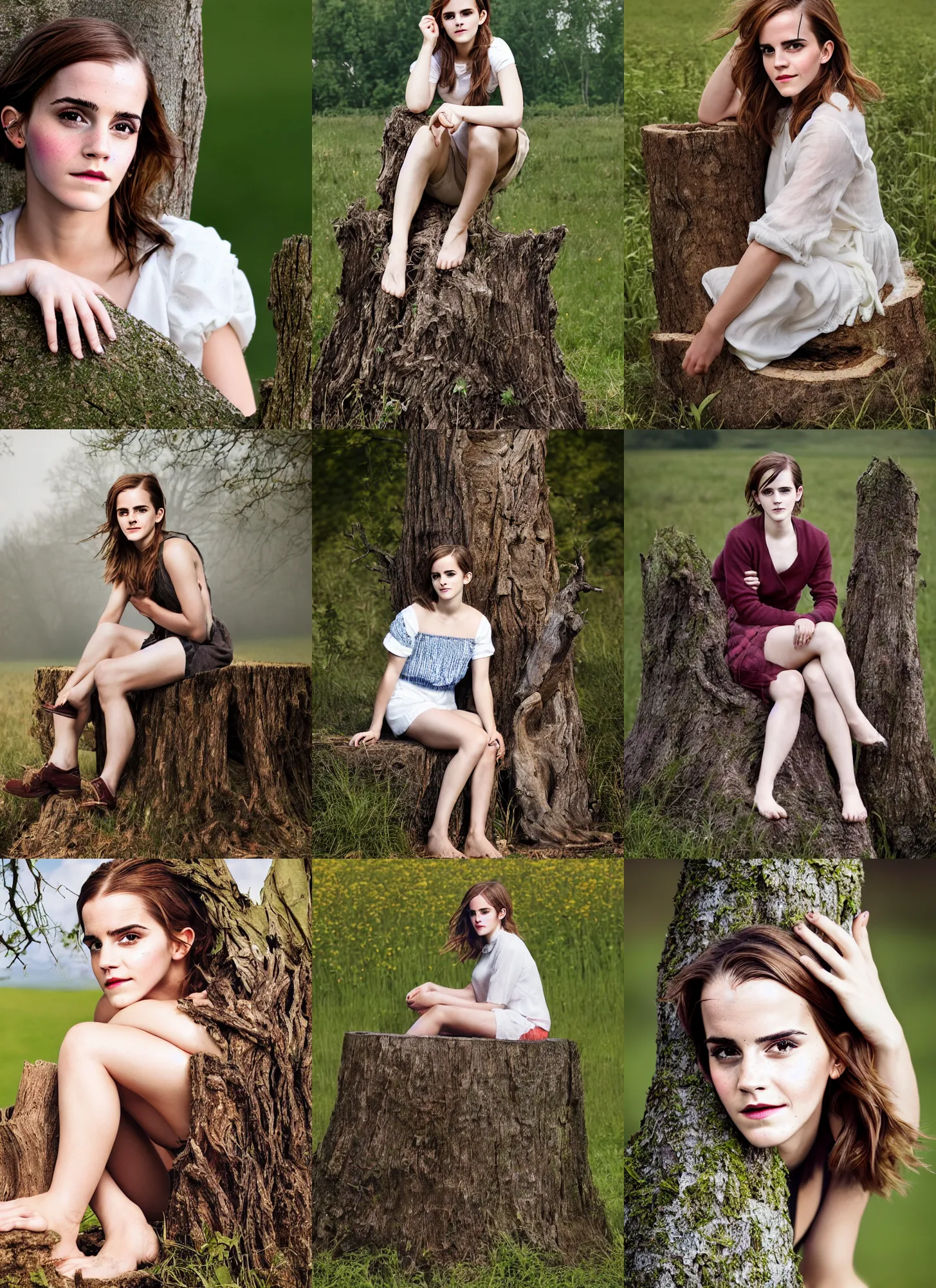 Prompt: facial portrait of emma watson sitting on a tree stump in a field