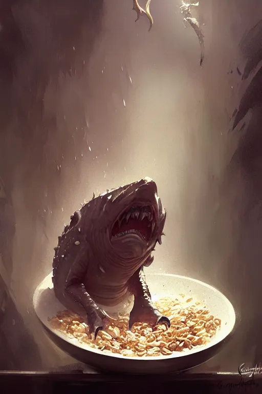 Image similar to greg rutkowski. giant wet fleshy creature over a bowl of yummy cereal