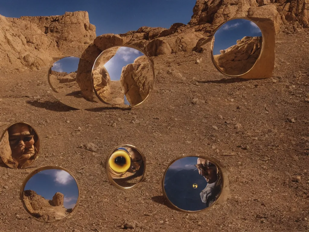 Prompt: levitating bene gesserit with full - face golden mask in a dry rocky desert landscape, visible sky and sunny atmosphere, fata morgana and giant square mirrors by alejandro jodorowsky, anamorphic lens, kodakchrome, practical effects, masterpiece, 8 k