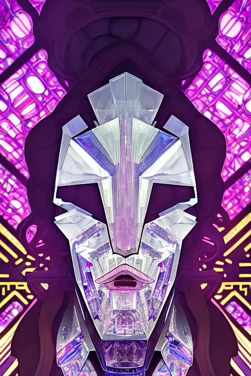 Prompt: hyperrealism, dreamland of chinese, ghost, sharp, slender and densely arranged teeth, futuristic, synthwave, art deco, expressive, dystopian, cyberpunk, mecha, halfturn portrait of a big crystal face made of crystals half - turn, ominous, intricate, oc rendered, art by alphonse mucha, concept art, 4 k, sharp focus