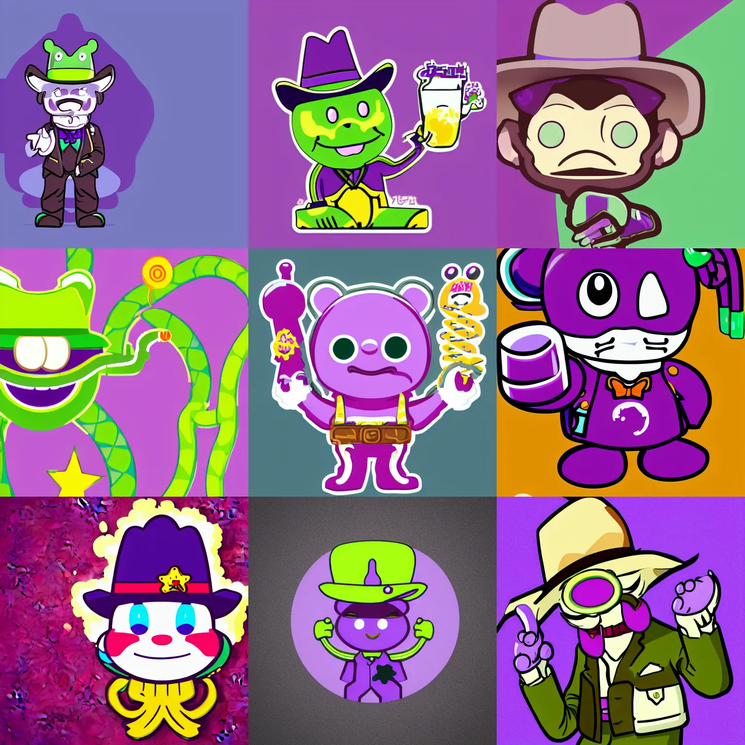 Prompt: UNCLE ALOYSIUS anthropomorphic purple green piechart cowboy kawaii Japanese mascot logo, SIP TECH brand snake oil salesman on blank background