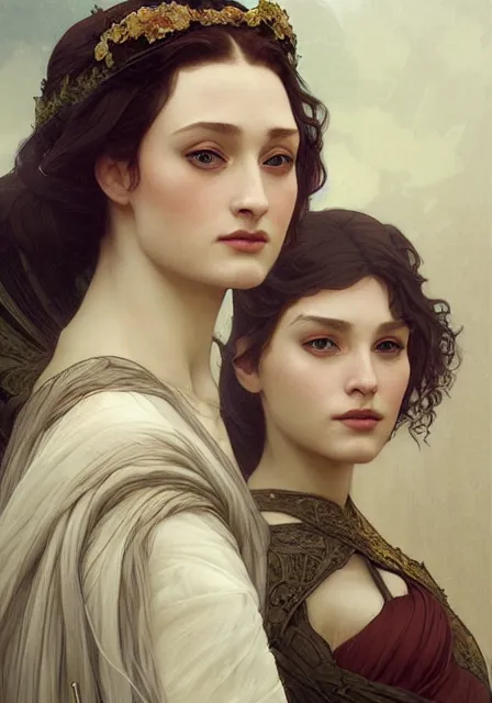 Image similar to portrait of sansa and sersei, intricate, elegant, highly detailed, digital painting, artstation, concept art, smooth, sharp focus, illustration, art by artgerm and greg rutkowski and alphonse mucha and william - adolphe bouguereau