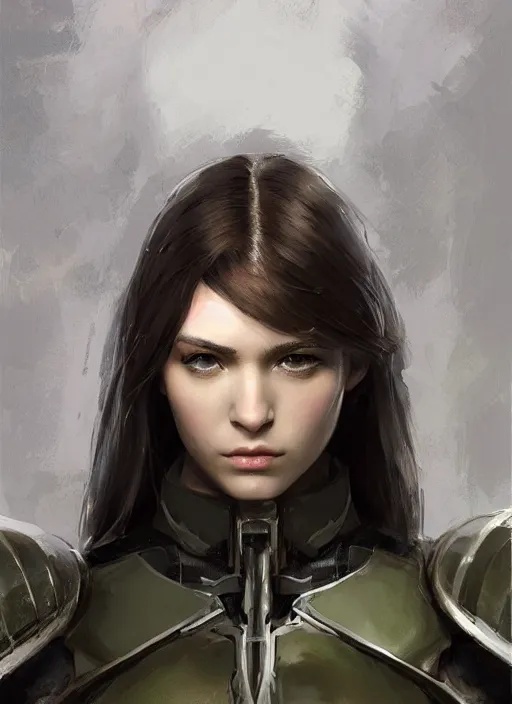 Image similar to a professional painting of a beautiful young female, clothed in military armor, olive skin, long dark hair, beautiful bone structure, symmetrical facial features, intricate, elegant, digital painting, concept art, smooth, sharp focus, illustration, from Metal Gear, by Ruan Jia and Mandy Jurgens and Artgerm and William-Adolphe Bouguerea