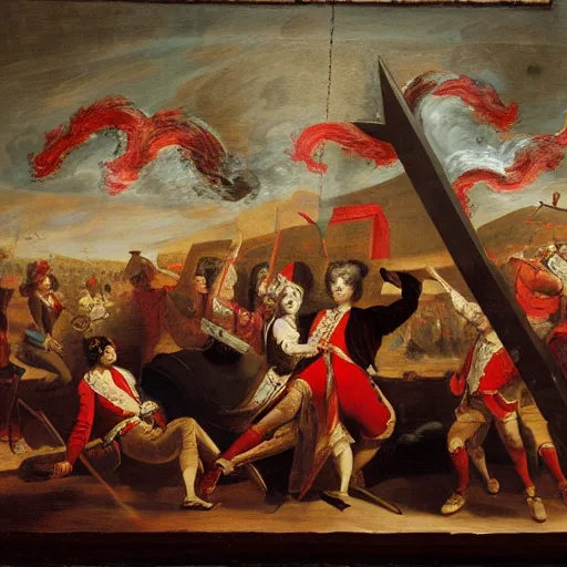 Prompt: 18th century historical painting representing a gigantic metal fork in crimson and black, earth splitting, royal commission, by Joshua Reynolds, Louvre museum catalog photography