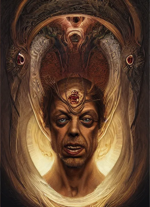 Prompt: steve buscemi glowing eyes, shamanic poster lsd art, intricate, elegant, highly detailed, centered, digital painting, artstation, concept art, smooth, sharp focus, illustration, artgerm, tomasz alen kopera, peter mohrbacher, donato giancola, joseph christian leyendecker, wlop, frank frazetta