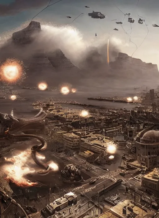 Image similar to hyper realistic squid robot attacking cape town city, table mountain explosions, atmospheric beautiful details, strong composition drawn in ink by kim jung giu weta studio rutkowski, james gurney and greg rutkowski, and lucasfilm