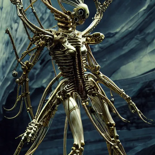 Image similar to still frame from Prometheus movie by Makoto Aida, biomechanical mantis angel archangel gynoid by giger, metal couture by neri oxmn and Guo pei, editorial by Malczewski and by Caravaggio