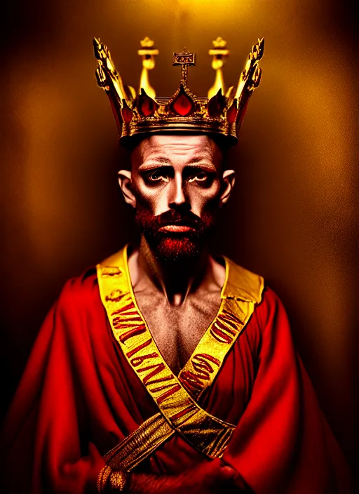 Image similar to 'Portrait of Crowned King Arthur' by Lee Jeffries royally decorated, whirling plasma, atmospheric motes, red and gold Sumptuous garb, gilt silk fabric, radiant colors, fantasy, perfect lighting, studio lit, micro details,