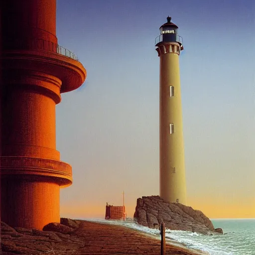 Prompt: A road leading to the lighthouse,dusk, by Wayne Barlowe