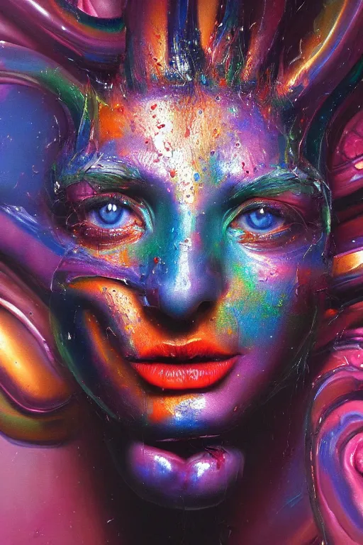Image similar to hyperrealism oil painting, close - up portrait of face from a tangle of snakes fashion model, knight, street art gradient mixed with nebula sky, in style of baroque