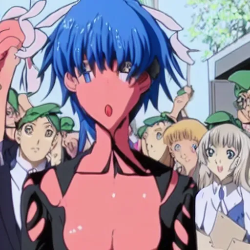 Image similar to Stills from the anime Neon Genesis Evangelion of Kermit the Frog dressed as Rei Ayanami