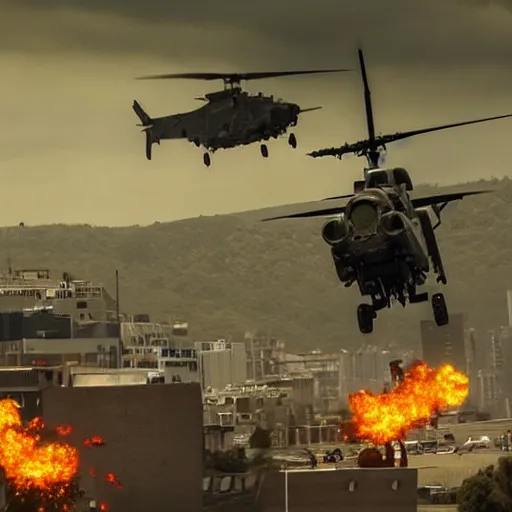 Image similar to Action Horror Cinematic Scene Military Helicopters shooting at Giant Monster in the city