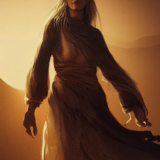 Image similar to a woman with long white hair stands in the desert, dramatic lighting, illustration by greg rutkowski, yoji shinkawa, 4 k, digital art, concept art, trending on artstation