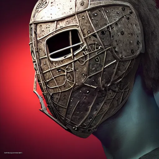 Prompt: Very very very very highly detailed epic central composition studio photography of face with hockey mask, intricate, dystopian, sci-fi, extremely detailed, digital painting, artstation, concept art, smooth, sharp focus, illustration, intimidating lighting, incredible art by Anna Dittmann and Anton Pieck and Artstation, Octane render in Maya and Houdini VFX