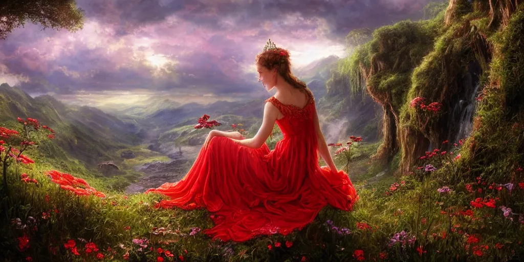 Image similar to an elegant fairy queen in a red lace dress sitting and looking out at a lord of the rings scenery landscape, vast lush valley flowers and giant mushroom structures, river, sunrise, god's rays highly detailed, vivid colour, soft clouds, floral sunset, cinematic lighting, perfect composition, 8 k, gustave dore, derek zabrocki, greg rutkowski, belsinski