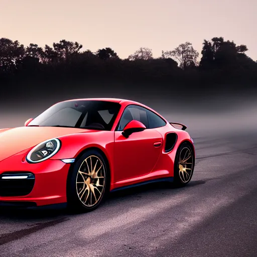Prompt: parked red Porsche 911 Turbo car, fog, rain, volumetric lighting, beautiful, golden hour, sharp focus, highly detailed, cgsociety