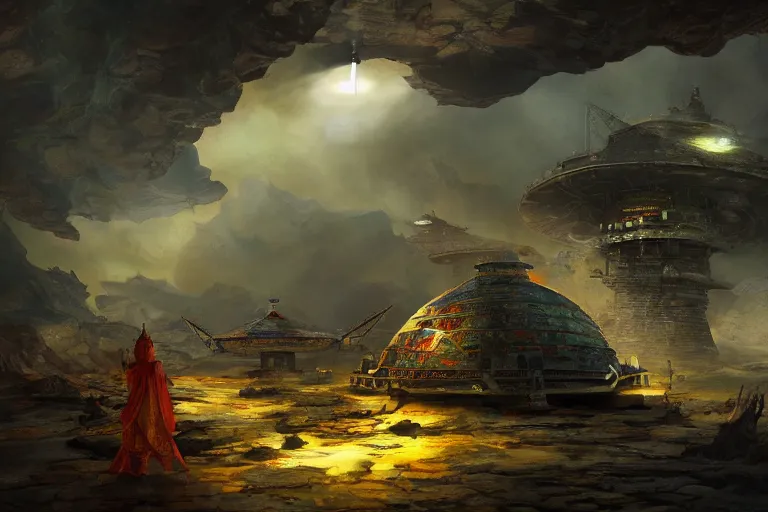 Prompt: spacecraft landing in mythical buddhist kingdom of shambhala, in the style of frank frazetta, ultra realistic, atmosphere glow, detailed intricate, colorful, cinematic lighting, unreal engine, god lighting