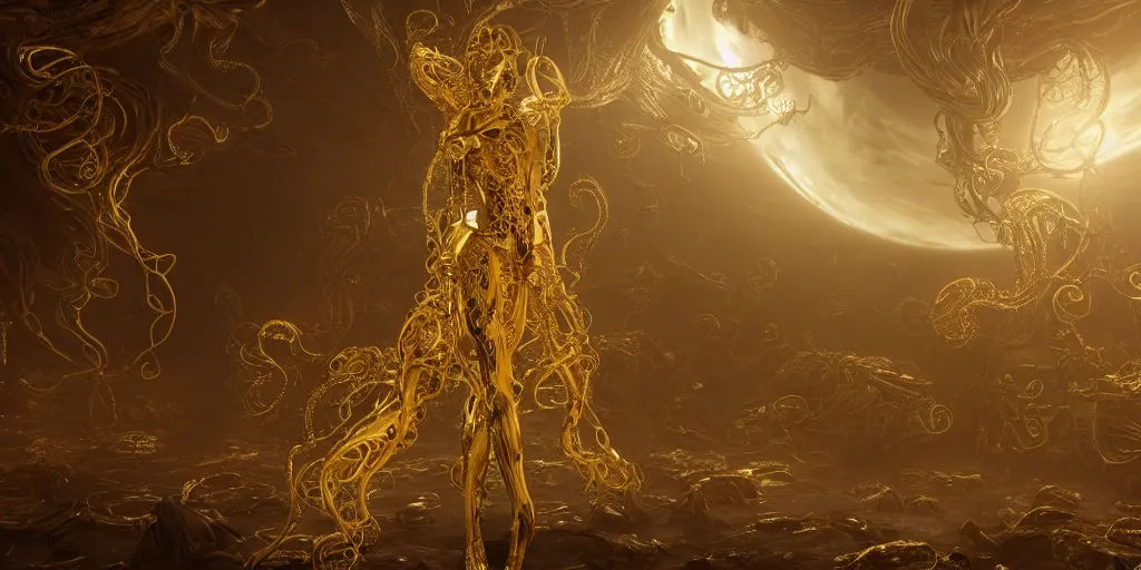 Image similar to a photo of 8k ultra realistic corrupted lovecraftian golden humanoid queen standing next to a spaceship window overlooking earth, 8 intricate white and gold tentacles, ornate white and gold armour, cinematic lighting, trending on artstation, 4k, hyperrealistic, focused, extreme details, unreal engine 5, cinematic, masterpiece