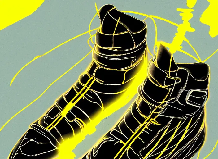 Image similar to glowing black sneaker, wth short golden lines, yellow details, symmetrical, highly detailed, digital art, sharp focus, trending on art station, samurai, electricity superpowers, anime art style