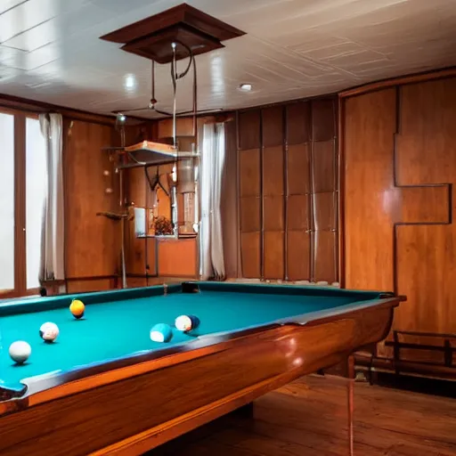 Image similar to a small sloop in which a large billiards table is placed. on the billiards table are twenty balls. focus on the billiards table with extremely high detail. the sloop is on the ocean. the weather is bad and cloudy. professional lighting.