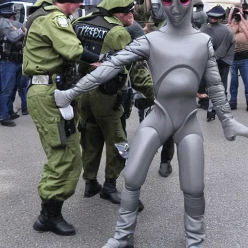 Image similar to extraterrestrial zeta reticulan grey alien, being arrested by spetsnaz