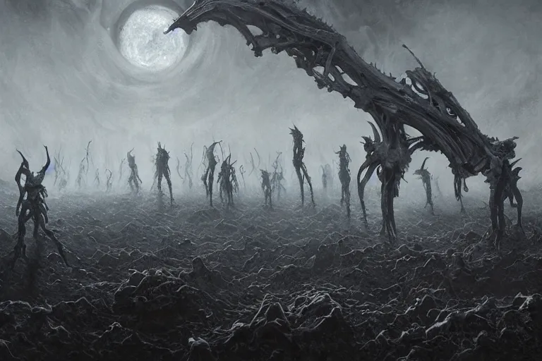 Prompt: army of bones forming, prophecy, moody, amazing concept painting, art station, by Jessica Rossier and HR giger and Beksinski, the middle of a valley; it was full of bones, bones that were very dry, there was a noise, a rattling sound, and the bones came together, bone to bone , I looked, and tendons and flesh appeared on them and skin covered them, but there was no breath in them and breath entered them, they came to life and stood up on their feet a vast army