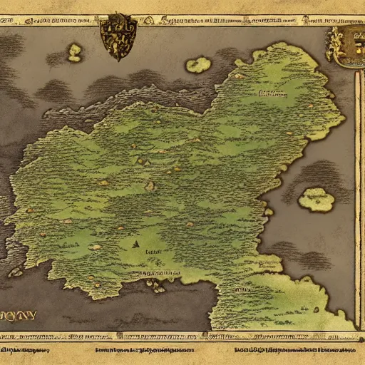 Prompt: map of fantasy world, 8 k quality, tolkien style