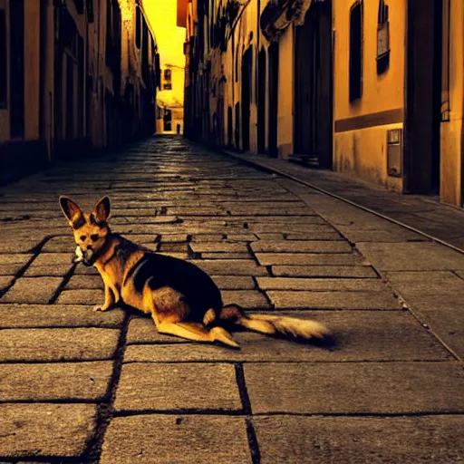 Image similar to dingo coyote mix dog lying on the street in ancient florence, high quality digital art, cinematic lighting, moody lighting