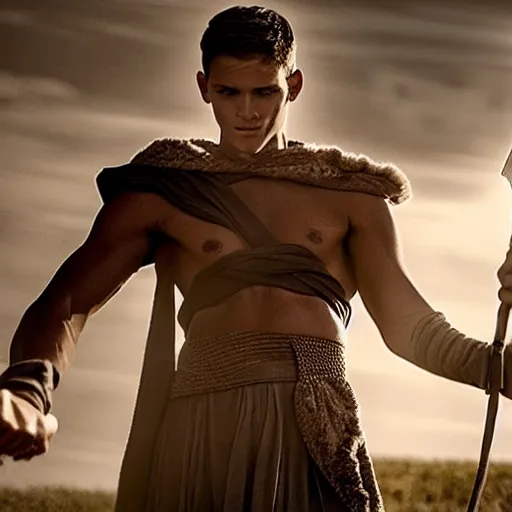 Image similar to handsome 17 year old boy in a Biblical outfit holding a slingshot to fight against the giant Goliath, epic, cinematic lighting, directed by Zack Snyder